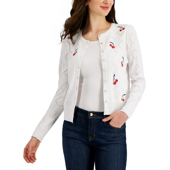Charter Club Womens Cherry Button Cardigan Bright White L