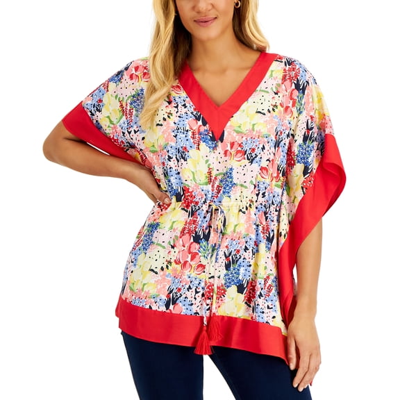 Charter Club Womens Cinch Waist Printed Poncho Top Red Barn Combo S