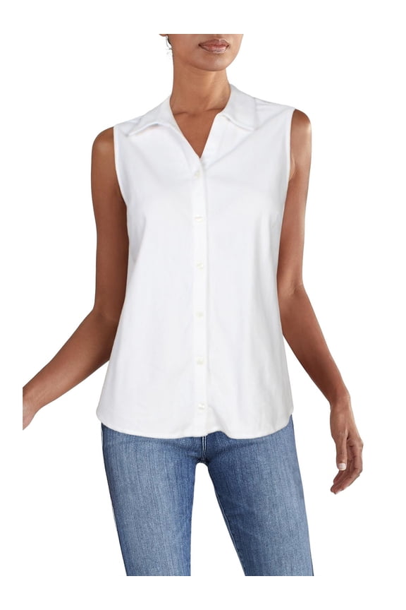 Womens Collar Sleeveless Button-Down Top White 8P