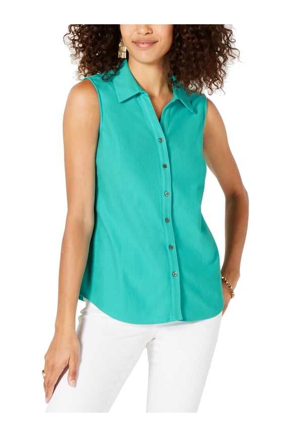 Womens Collar Sleeveless Button-Down Top