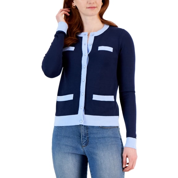 Charter Club Womens Colorblocked Cardigan Intrepid Blue XS