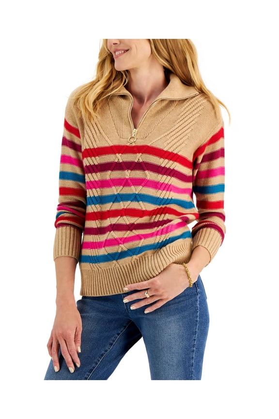 Womens Zippered Striped Sweater Warm Camel Hthr Combo XL