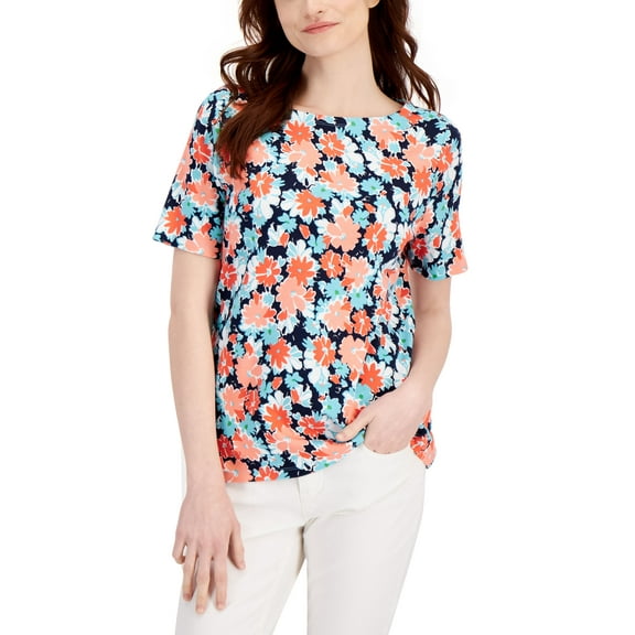 Charter Club Womens Cotton Floral Print Top Blue Combo M