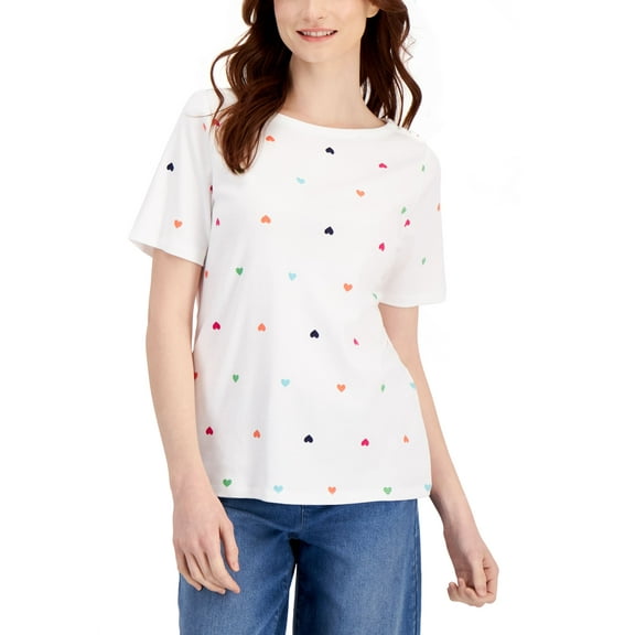 Charter Club Womens Cotton Heart Print Top Bright White Combo S
