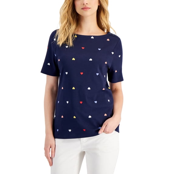 Charter Club Womens Cotton Heart Print Top Intrepid Blue Combo L