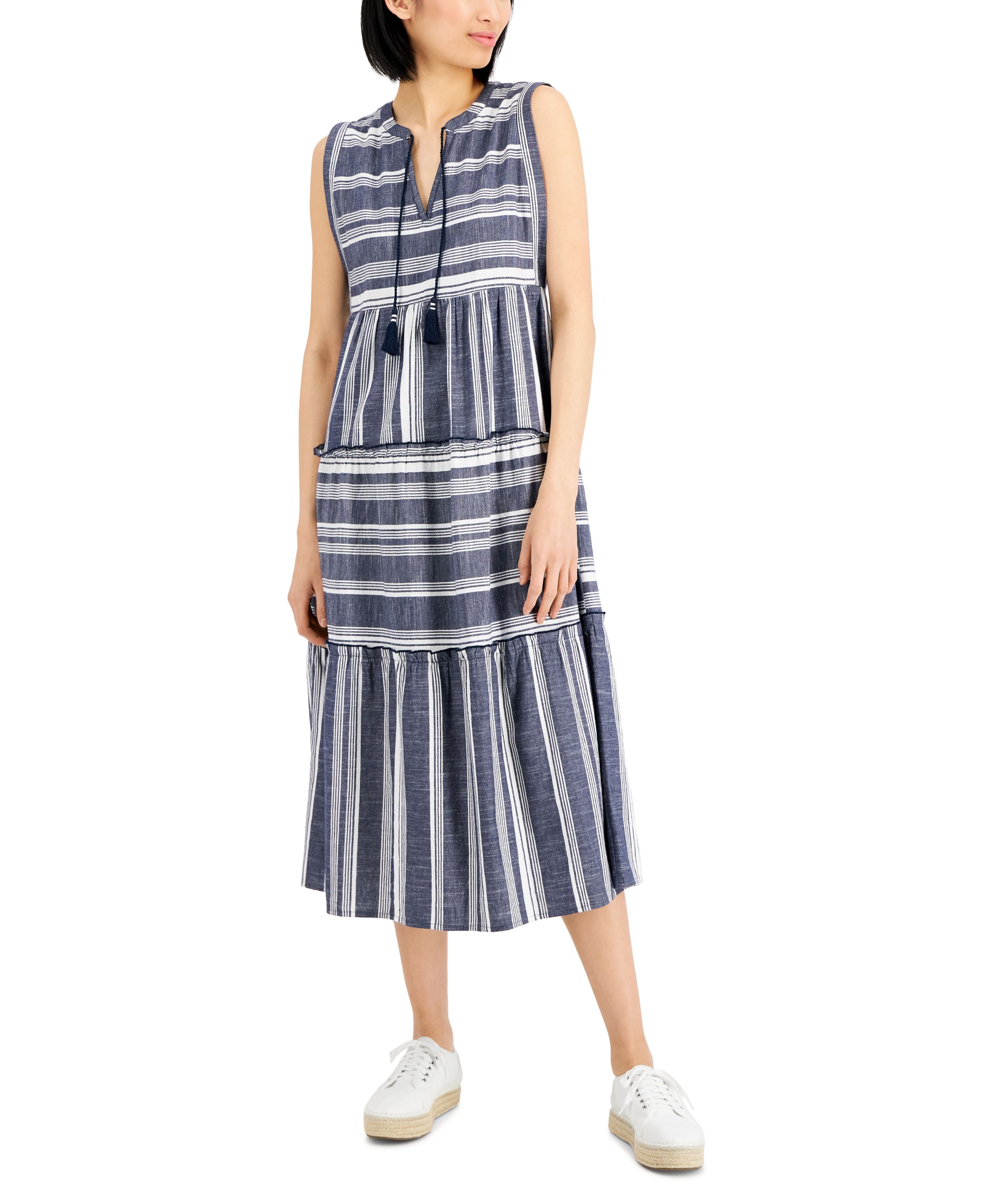 Charter Club Womens Cotton Sleeveless Midi Dress Intrepid Blue Combo XS ...