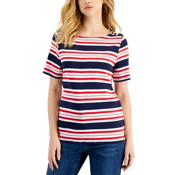 Charter Club Womens Cotton Striped Top Intrepid Blue Combo XS