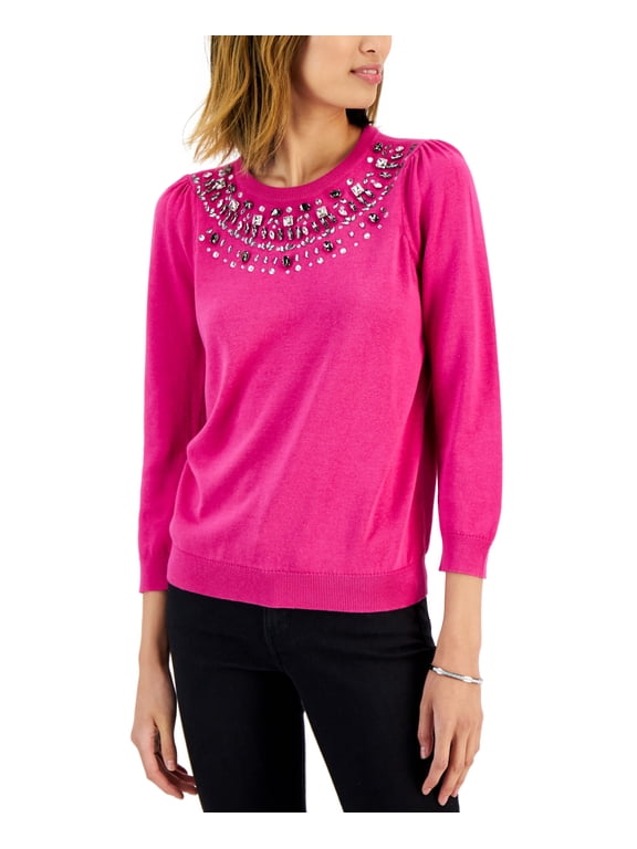 Womens Embellished Puff Sleeve Sweater Pink Tutu M