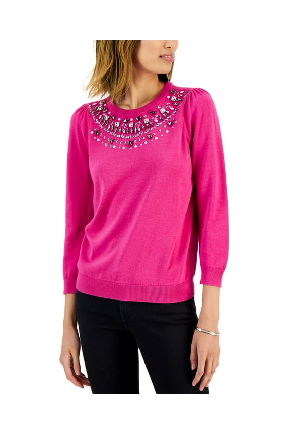 Womens Embellished Puff Sleeve Sweater Pink Tutu M