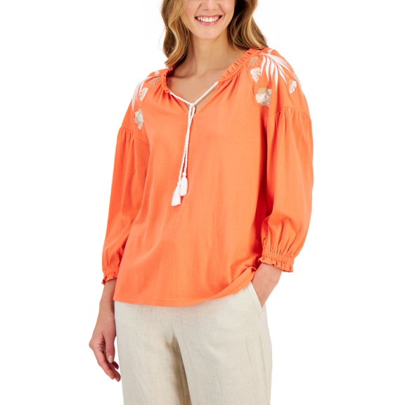 Charter Club Womens Embroidered Peasant Top Hot Coral 2XL