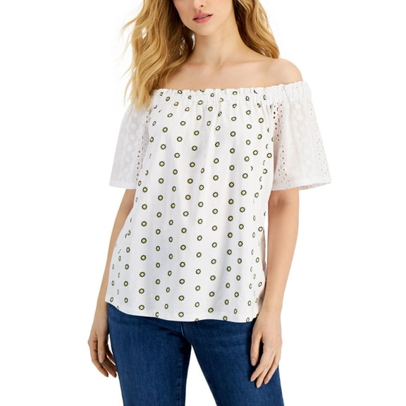 Charter Club Womens Eyelet Off-The-Shoulder Top Bright White Combo XL