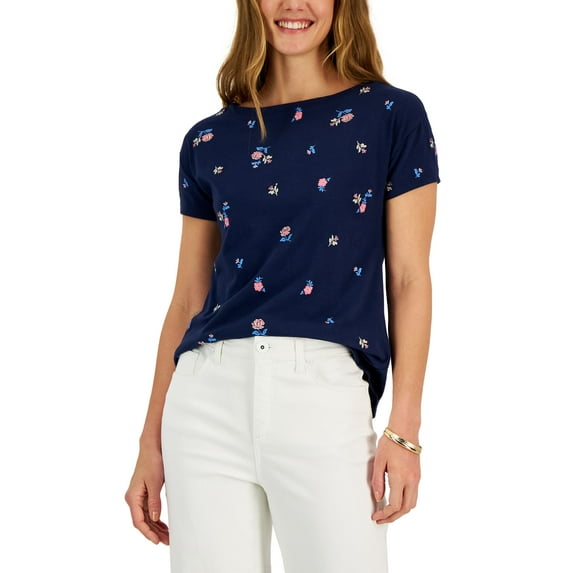 Charter Club Womens Floral Drop-Shoulder Top Intrepid Blue M