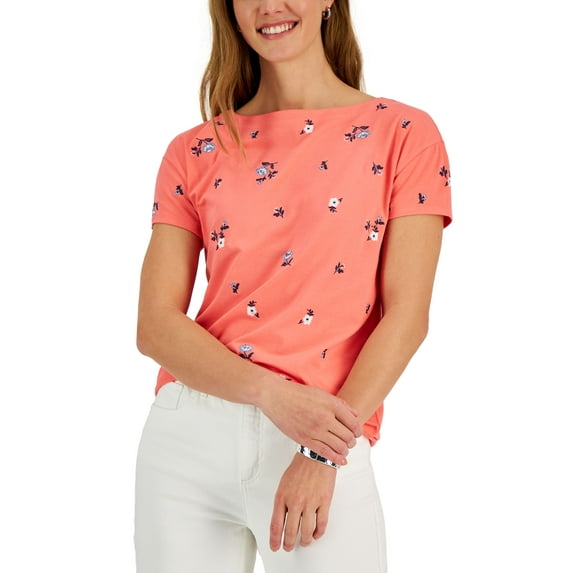 Charter Club Womens Floral Drop-Shoulder Top Tuscon Coral XS
