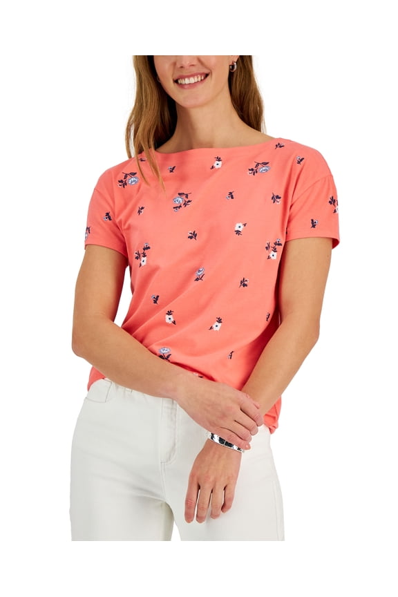 Womens Floral Drop-Shoulder Top Tuscon Coral XS