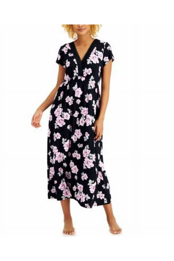 Womens Floral-Print Surplice Long Nightgowns, Black, X-Small