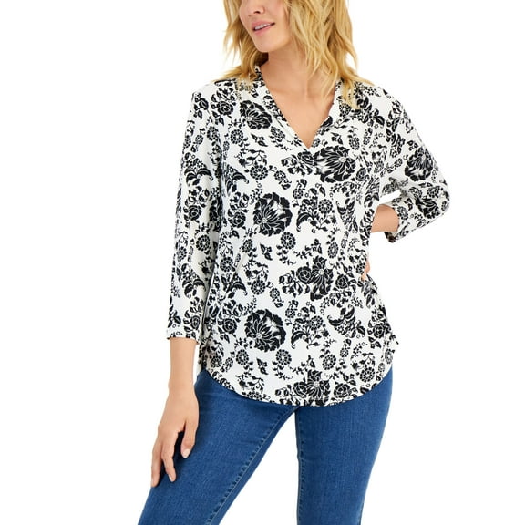 Charter Club Womens Floral Print Top Cloud Combo L