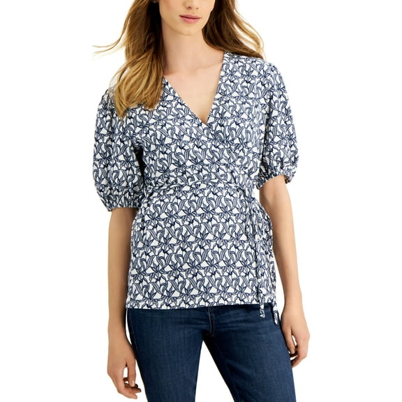 Charter Club Womens Floral Print Wrap Front Knit Top Cloud Combo XS