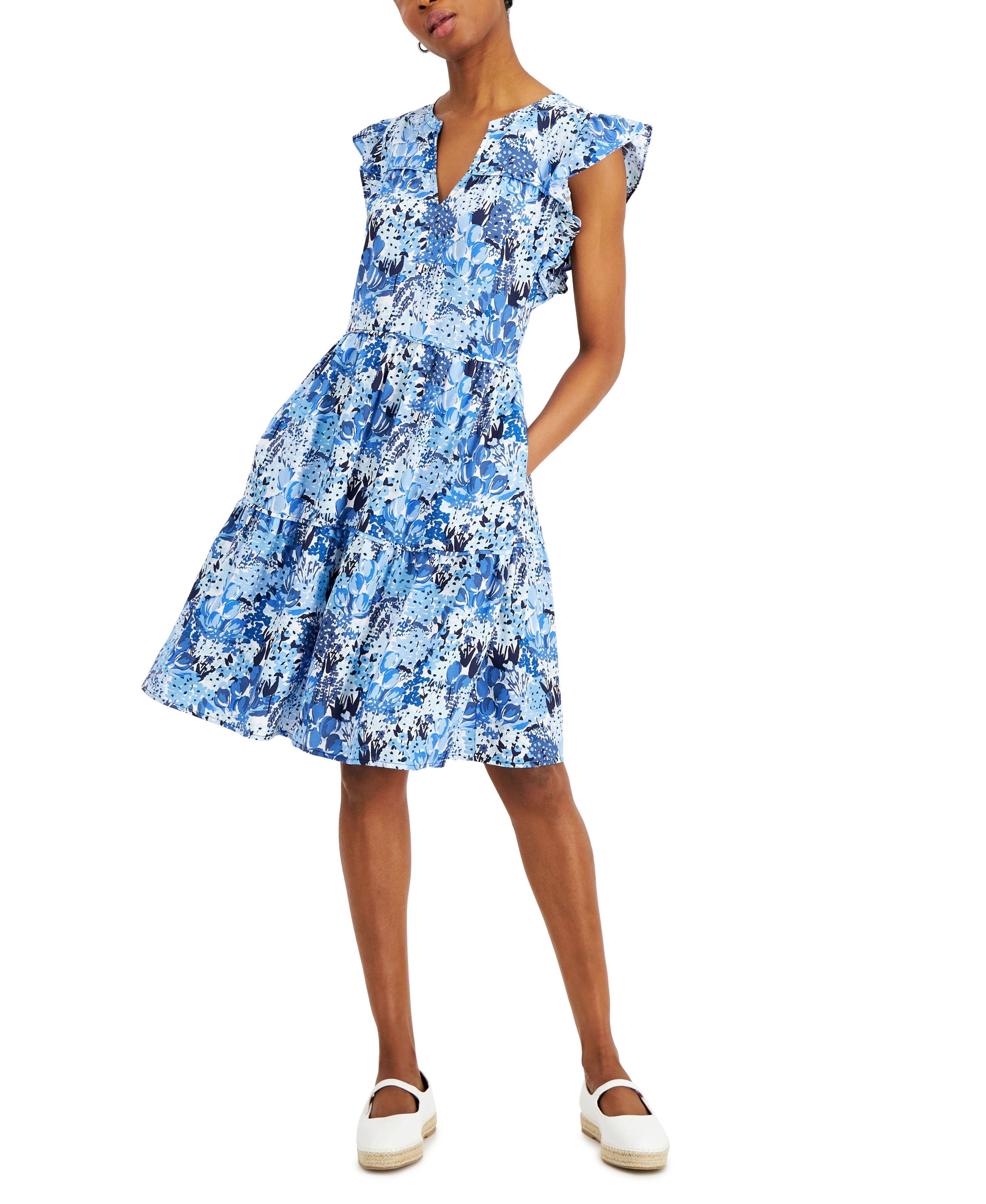 Charter Club Womens Flutter Sleeve Floral Print Dress Intrepid Blue Combo M  - Walmart.com