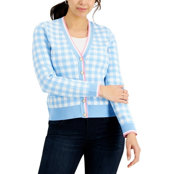 Charter Club Womens Gingham Cardigan Blue Glacier Combo M