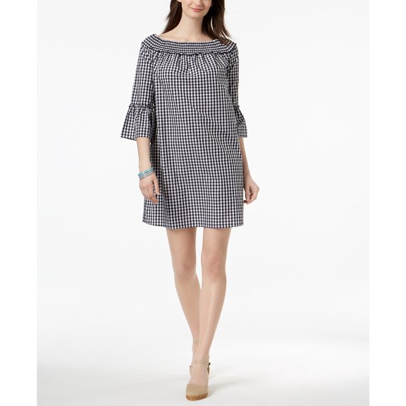 Charter Club Womens Gingham Off-Shoulder Dress