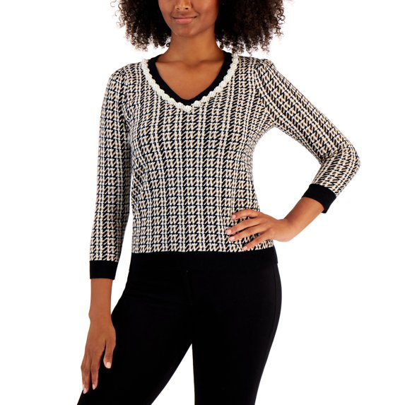 Charter Club Womens Imitation Pearl Neck Sweater Deep Black Combo XL