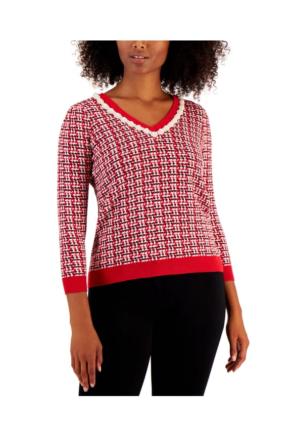 Womens Imitation Pearl Neck Sweater Ravishing Red Combo L