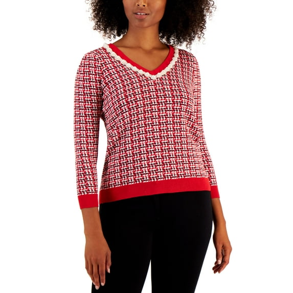 Charter Club Womens Imitation Pearl Neck Sweater Ravishing Red Combo L