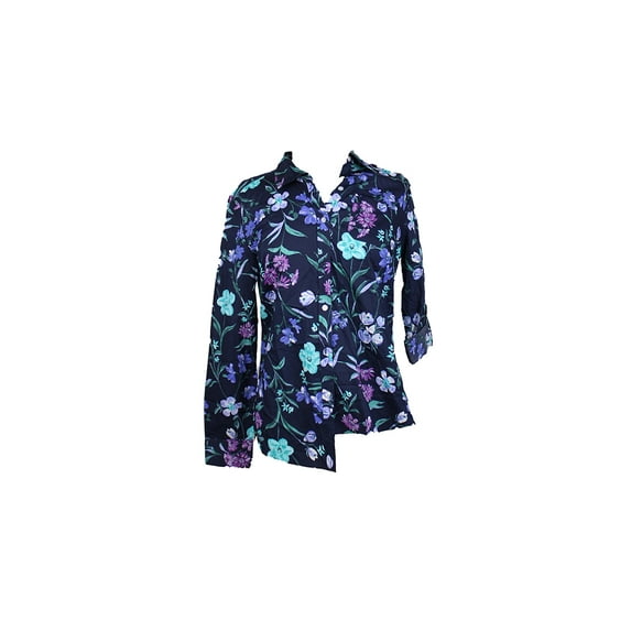 Charter Club Womens Intrepid Blue Floral Roll-Tab-Sleeve Button-Down Shirt 14