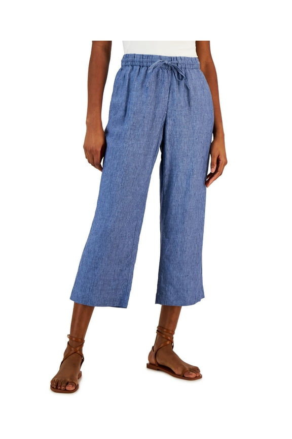 Womens Linen Capri Tie Waist Pants Blue Ocean M