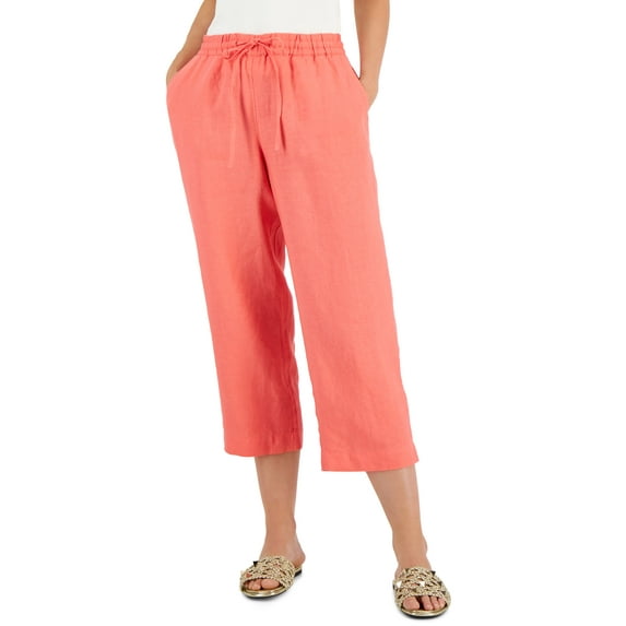 Charter Club Womens Linen Capri Tie Waist Pants Tuscon Coral XL