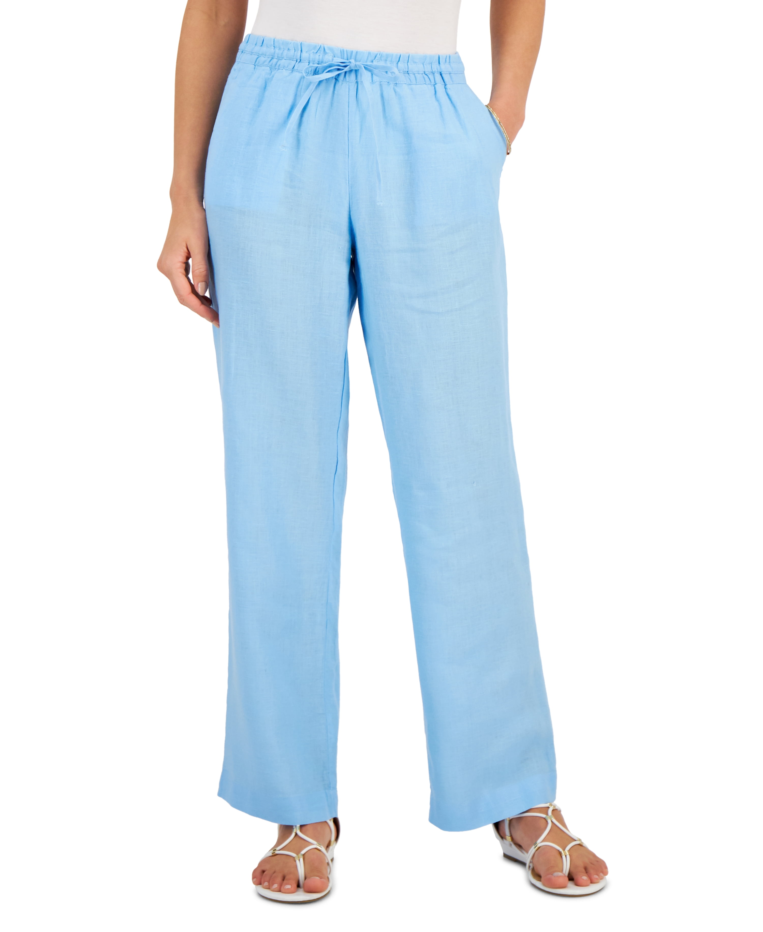 Charter Club Womens Linen Drawstring Waist Pants Pale Blu Glcier S Walmart