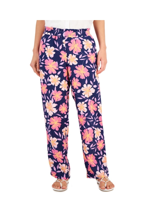 Womens Linen Floral Wide Leg Pants Intrepid Blue Combo XL
