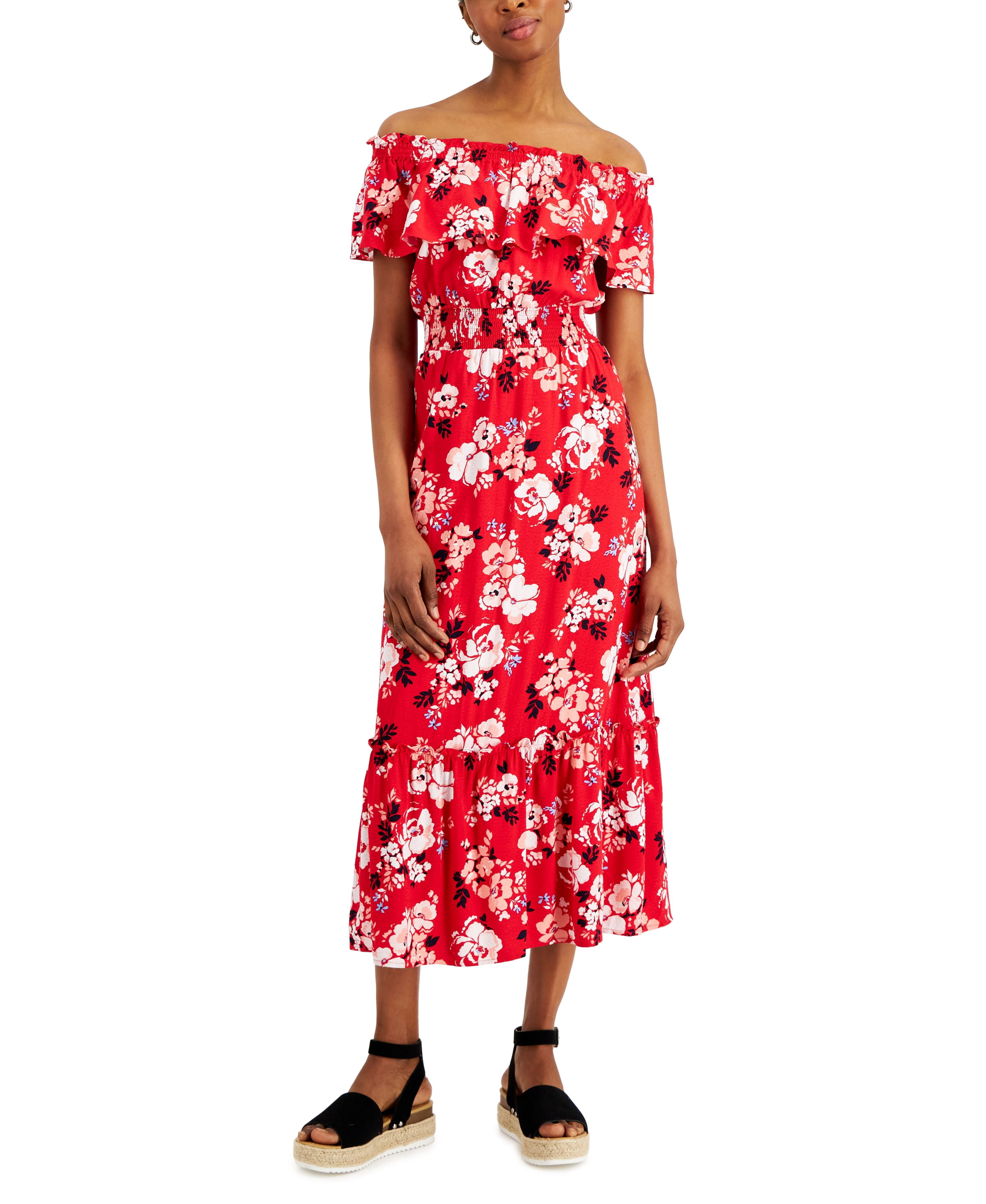 Charter Club Women's Off-The-Shoulder Floral-Print Midi Dress, Created for Macy's - Red Barn Combo