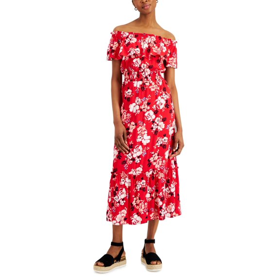 Charter Club Womens Off The Shoulder Floral Print Midi Dress Red Barn Combo S