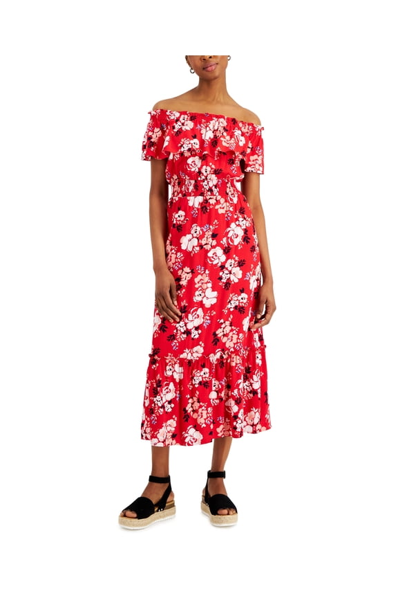 Womens Off The Shoulder Floral Print Midi Dress Red Barn Combo S