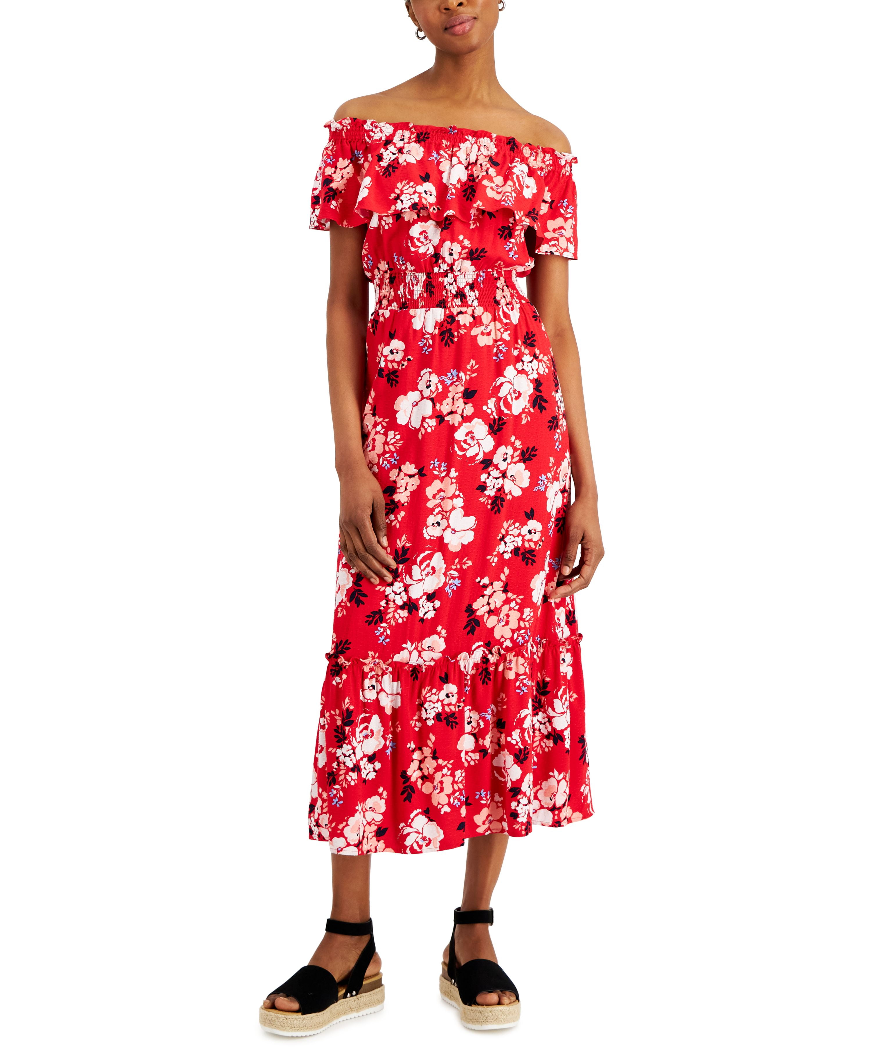 charter club red dress Charter Club Women's Off-The-Shoulder Floral-Print Midi Dress, Created for Macy's - Red Barn Combo