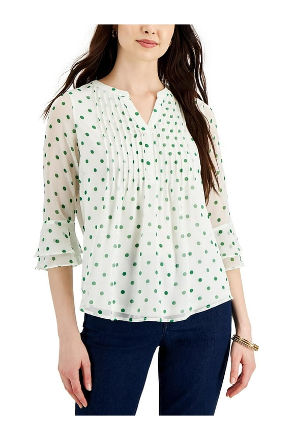 Womens Petites Pindot Pintuck Blouse