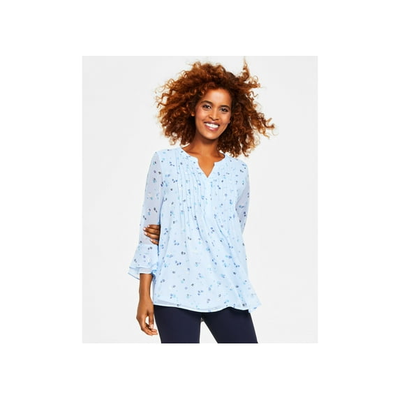 Charter Club Womens Pleated Bell Sleeve Top Blue Nouveau Combo S