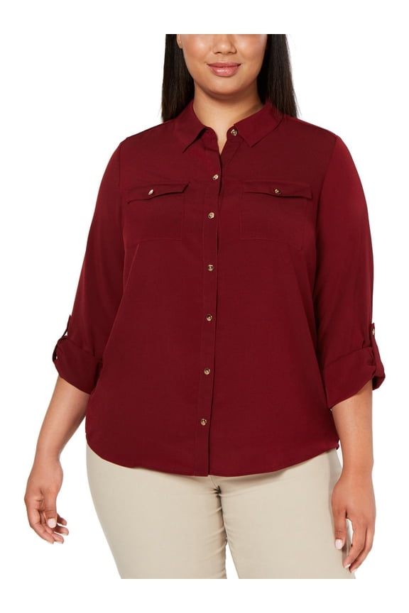 Womens Plus Button Front Collared Blouse