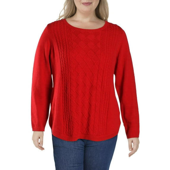 Charter Club Womens Plus Ribbed Trim Button Sleeves Crewneck Sweater