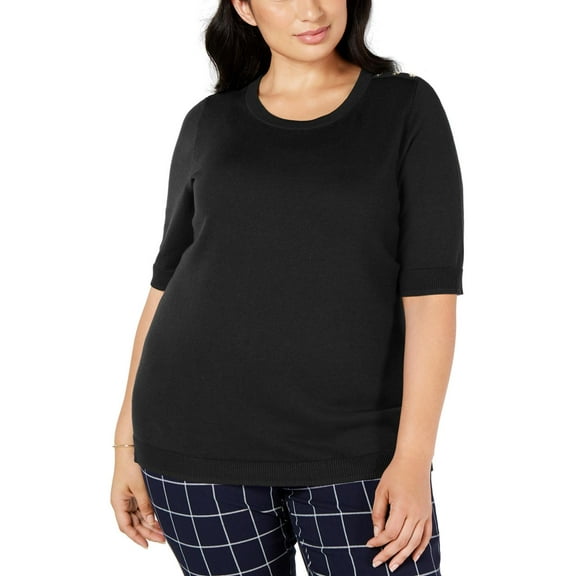 Charter Club Womens Plus Ribbed Trim Short Sleeves Crewneck Sweater Black 3X