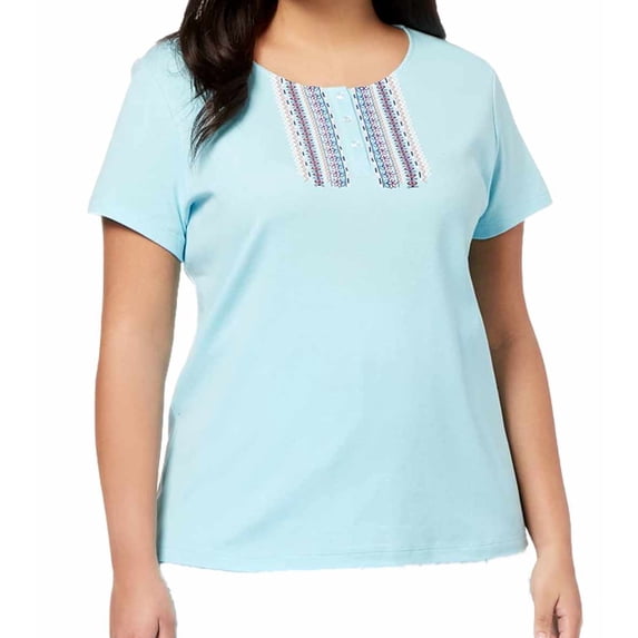 Charter Club Womens Plus Size Cotton Flower Front Button Top