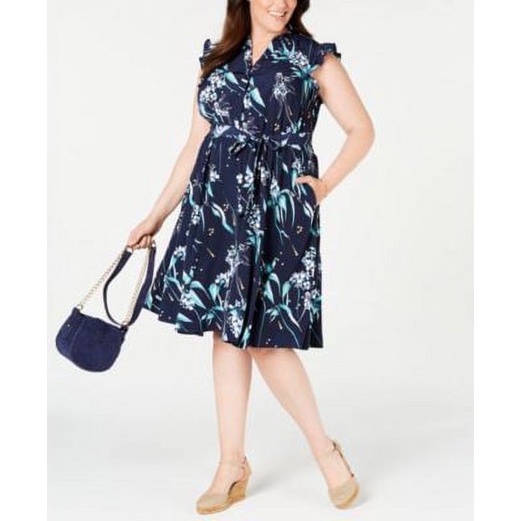 Charter Club Womens Plus Size Printed Ruffle Sleeve Shirtdress;24W