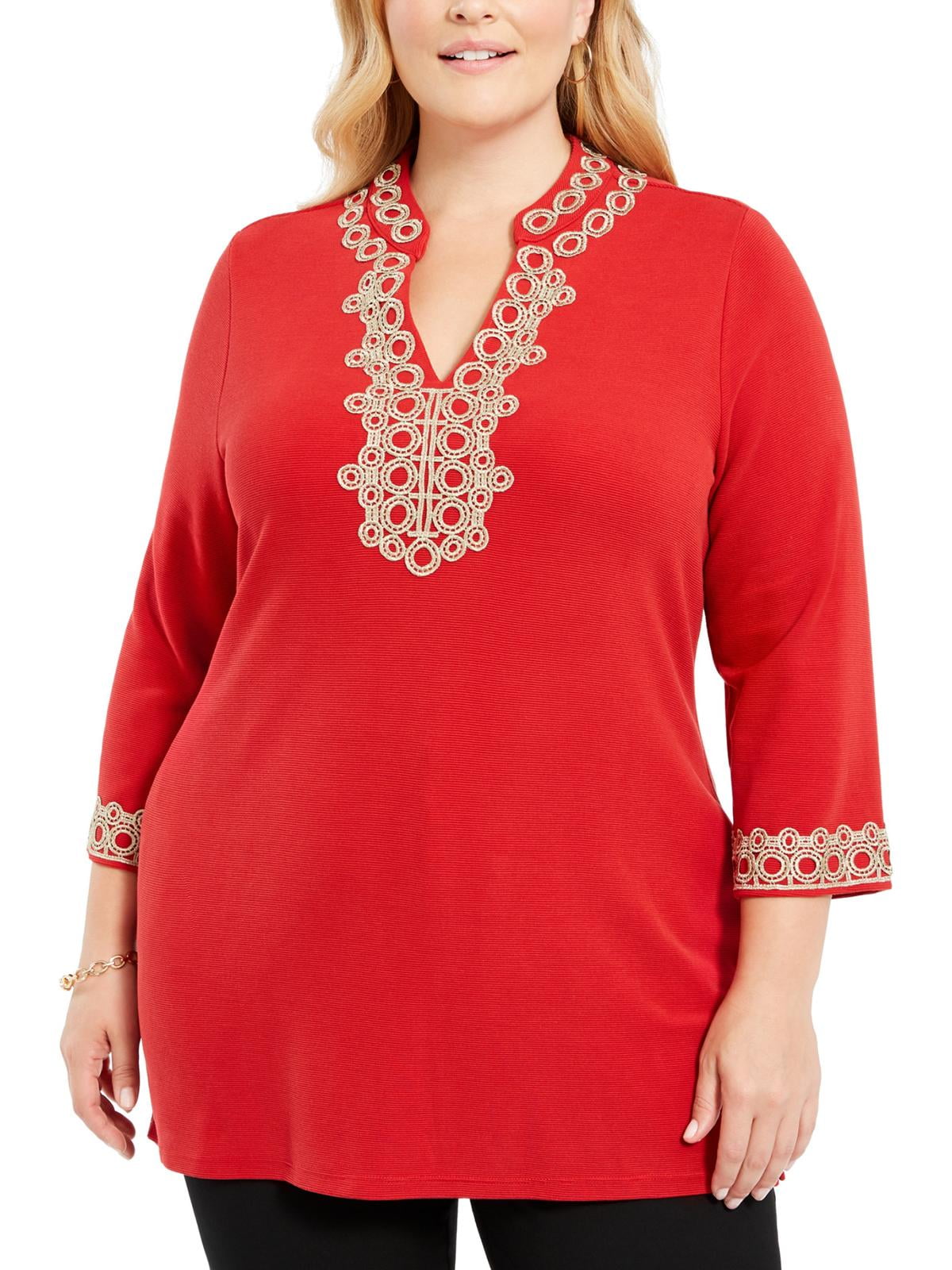 Charter Club Womens 3 4 Sleeve Textured Tunic Red Size Petite Medium