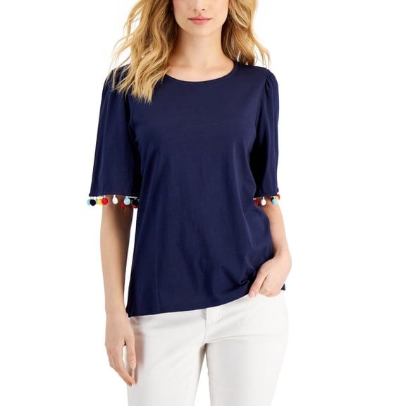 Charter Club Womens Pom-Pom Sleeve Top Intrepid Blue M