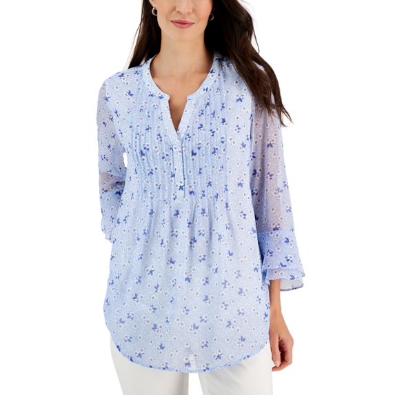 Charter Club Womens Print Pintuck Tops Cerulean Sky Combo L