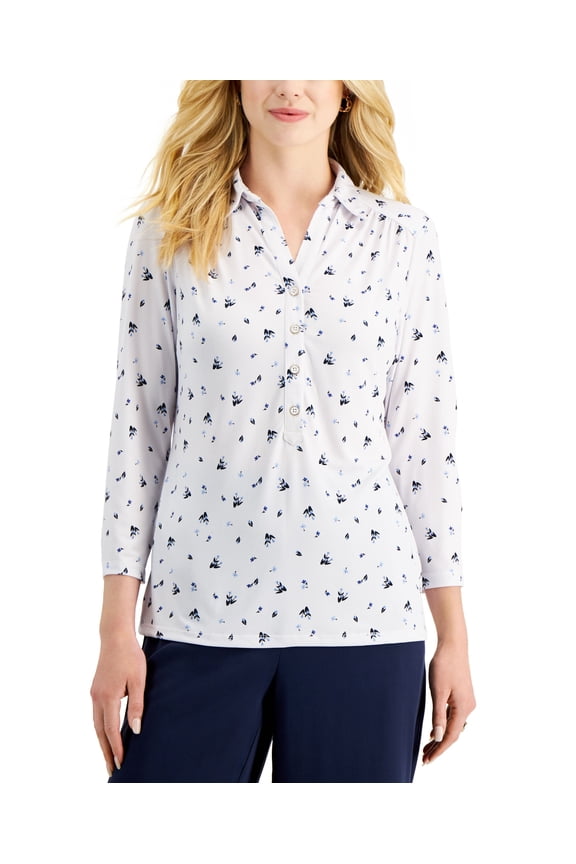 Womens Printed 3/4 Sleeve Polo Top Bright White Combo XL