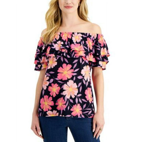 Charter Club Womens Printed Off The Shoulder Ruffled Knit Top Intrepid Blue Combo L