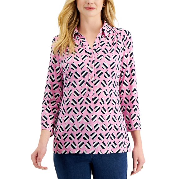 Charter Club Womens Printed Quarter Button 3/4 Sleeve Top Bubble Bath Combo S