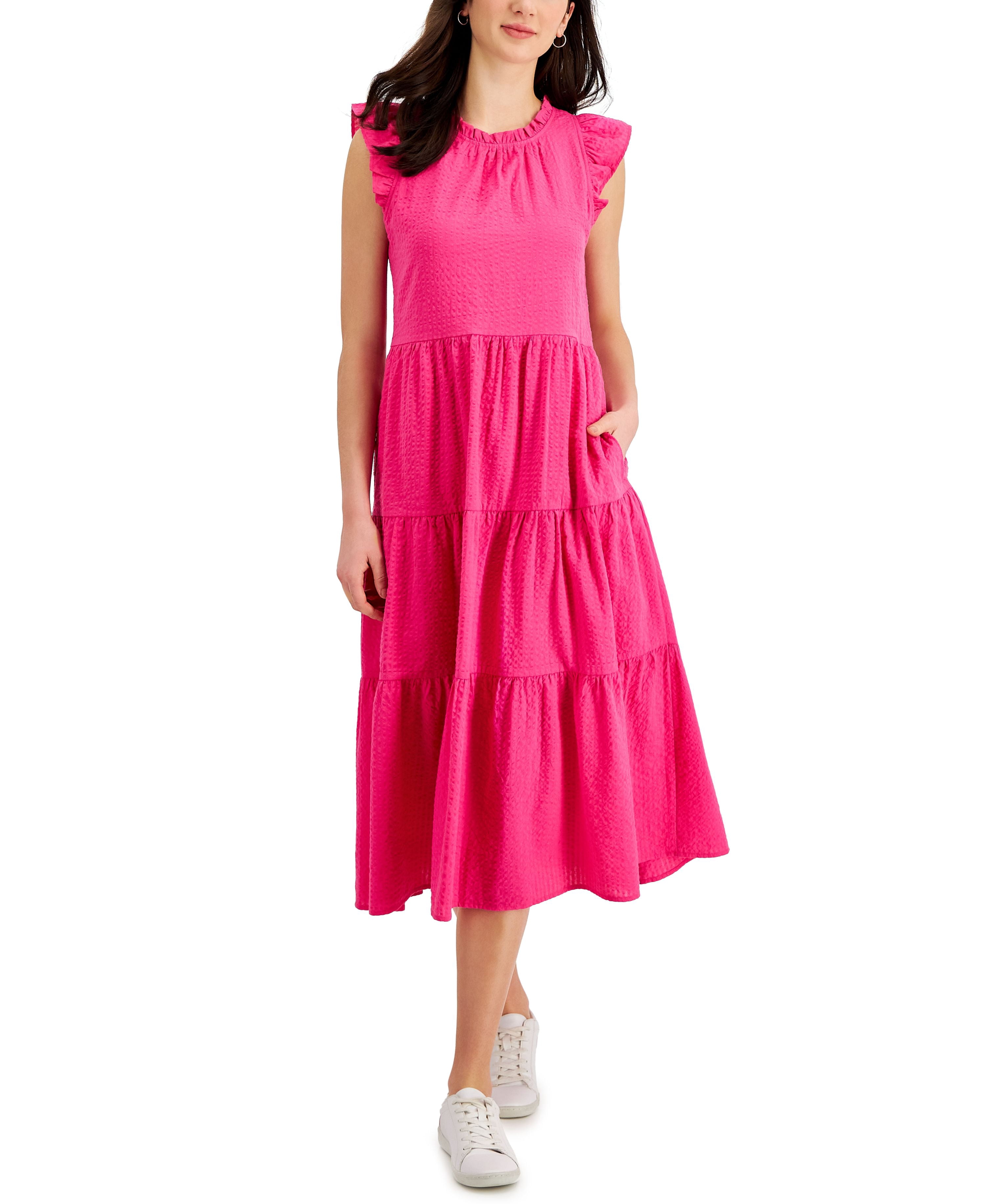 charter club pink dress Charter Club Womens Solid Cotton Tiered Dress Pink Shock M, Women's, Size: Medium